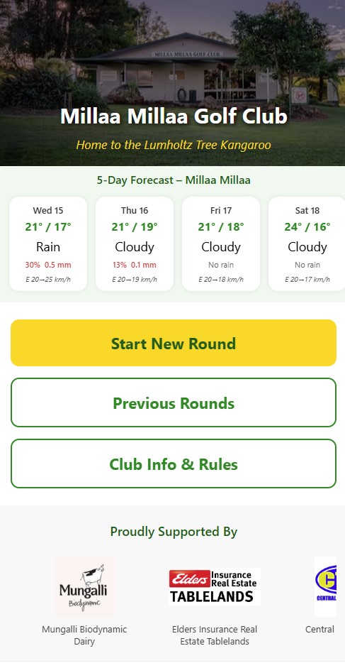 ClubCard Home Screen with Millaa Millaa branding and sponsors